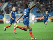 France's Elodie Thomis celebrate scoring her side's fourth goal during the group A match between Canada and France at the Women�s Soccer World Cup in Bochum, Germany, Thursday, June 30, 2011. (AP Photo/Martin Meissner)