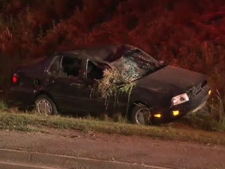 A car rests in a ditch after it rolled on Black Creek Drive, near Lawrence Avenue West, early Friday, July 8, 2011. A woman died in the rollover, police said.