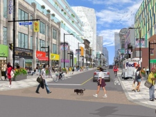 An artist rendering shows the 300 block of Yonge Street reduced to two lanes with widened sidewalks. 