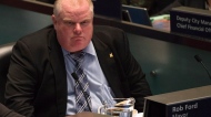 Mayor Rob Ford stares down Coun. Denzil Minnan-Wong at city council in Toronto on Wednesday, Nov. 13, 2013. (The Canadian Press/Nathan Denette)