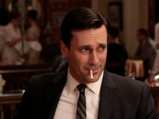 In this publicity image released by AMC, Jon Hamm portrays Don Draper in the AMC series, "Mad Men." The series was nominated for an Emmy for best drama series, and Jon Hamm was nominated for best actor in a drama series on Thursday, July 14, 2011. The Emmy awards will be presented on Sept. 18. (AP Photo/AMC)