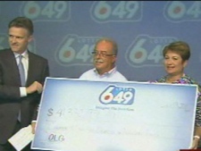 A couple of retired school teachers from Niagara Falls picked up a cheque for $41.3 million today after winning a Lotto 6-49 jackpot.