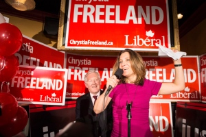 Liberal candidate Chrystia Freeland (right) stands with Bob Rae as she celebrates after winning the Toronto Centre federal byelection in Toronto on Monday, Nov. 25, 2013. (The Canadian Press/Chris Young)