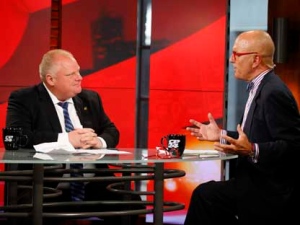 Toronto Mayor Rob Ford, left, and CP24's Stephen LeDrew during an interview at CP24 on Friday, July 22, 2011. (CP24/Darren Goldstein)