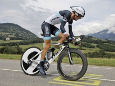 Frank Schleck of Luxembourg rides during the 20th stage of the Tour de France cycling race, an individual time trial over 42.5 kilometers (26.4 miles) starting and finishing in Grenoble, Alps region, France, Saturday July 23, 2011. (AP Photo/Laurent Cipriani)