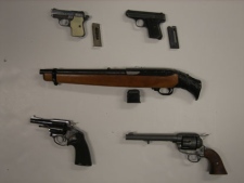 This image provided by Toronto police shows several guns that were seized at a building on Dune Grassway on Monday, Aug. 8, 2011.