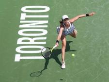 Kazakhstan's Galina Voskoboeva plays a shot during her 6-3 6-3 win over France's Marion Bartoli in the Rogers Cup in Toronto on Monday August 8, 2011. (THE CANADIAN PRESS/Chris Young)