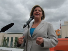 Ontario NDP Leader Andrea Horwath takes questions at a media availability in Toronto, Sunday, June 26, 2011. (THE CANADIAN PRESS/Romina Maurino)