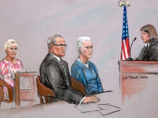 This file courtroom sketch depicts Catherine Greig, second from right, longtime girlfriend of former crime boss James "Whitey" Bulger, during a hearing before Magistrate Judge Jennifer Boal, right, in a federal courtroom in Boston Monday, July 11, 2011. (AP Photo/Jane Flavell Collins)