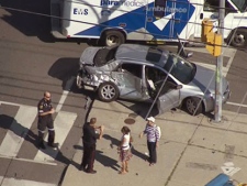 The scene of a serious collision between a transport truck and a car at Leslie Street and Steeles Avenue in Toronto on Friday, Aug. 12, 2011. 