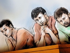 Jake Workman (left), Justin Spring (centre) and Matthew Spring appear in a Barrie courtroom on Monday, Aug. 15, 2011. (CTV)