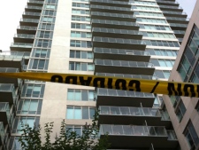 A condiminium building that a pane of glass fell from Tuesday is shown. (Spencer Gallichan-Lowe/CP24.com)