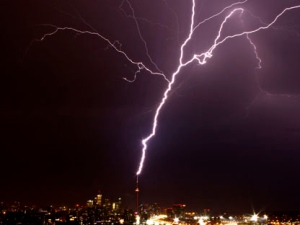 A bolt of lightning strikes the CN Tower during a thunderstorm in Toronto on Wednesday, Aug. 24, 2011. (Photo courtesy of Alice Lipczak). (Photo courtesy of Ian Mationg)