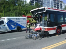 One person was killed and 11 others were injured after this bus crashed on Lawrence Avenue at Railside on Tuesday, Aug. 30, 2011. (CP24)