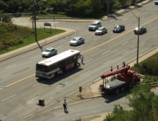 Nearly a dozen person were injured after this bus crashed on Lawrence Avenue at Railside on Tuesday, Aug. 30, 2011.
