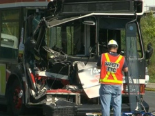 A 43-year-old woman was killed when a TTC bus and a flatbed truck collided on Lawrence Avenue East, near Don Mills Road, on Tuesday, Aug. 30, 2011.