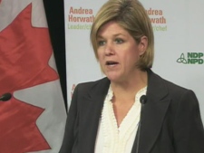 NDP Leader Andrea Horwath said her first step would be to stop the tax harmonization, in a speech in Toronto on Thursday, Oct. 22, 2009.