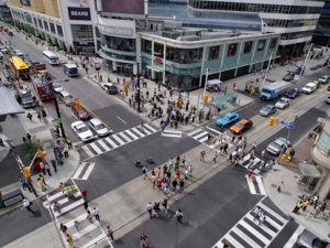 Toronto's first experimental "pedestrian scramble" intersection was unveiled at Yonge and Dundas streets Thursday, Aug. 28, 2008. (THE CANADIAN PRESS/Patrick Dell)