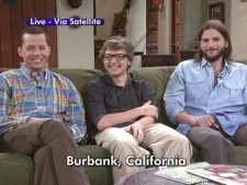 In this image taken from video and provided by CBS, the co-stars of �Two and a Half Men,� from left, Jon Cryer, Angus T. Jones and Ashton Kutcher, appear on satellite from California to present the "Top Ten Reasons to Watch the New Season of 'Two and a Half Men'" on the �Late Show with David Letterman,� Thursday, Sept. 8, 2011 in New York. (AP Photo/World Wide Pants, Inc. via CBS) 