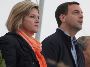 Ontario NDP Leader Andrea Horwath and Ontario Conservative Leader Tim Hudak attend an event at the International Plowing Match in Chute-a-Blondeau, Ont., Monday, Sept.19, 2011. THE CANADIAN PRESS/Colin Perkel