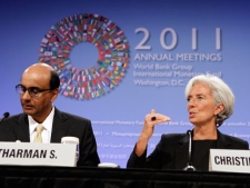 IMF Managing Director Christine Lagarde speaks during a news conference with Singapore Finance Minister Tharman Shanmugaratnam at IMF/ World Bank Annual Meetings at IMF headquarters in Washington, on Saturday, Sept. 24, 2011. (AP Photo/Jose Luis Magana)