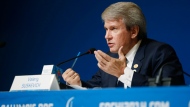 President of the the National Paralympic Committee of Ukraine Valeriy Suskevich gestures as he answers a question during a press conference before the opening ceremony of the 2014 Winter Paralympics in Sochi, Russia, Friday, March 7, 2014. (AP Photo/Pavel Golovkin)