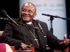 In this photo released by the United Nations Foundation, Archbishop Desmond Tutu speaks at the Social Good Summit, on Sept. 21, 2011 in New York. Archbishop Tutu is one of eight Nobel Peace Prize winners asking Prime Minister Stephen Harper to do what he can to stop the growth of Alberta's oilsands. (THE CANADIAN PRESS/AP, United Nations Foundation, Gary He)