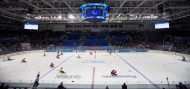 Teams of Canada and Sweden in action during the ice sledge hockey match at the Shayba Arena at the 2014 Winter Paralympics in Sochi, Russia, Saturday, March 8, 2014. (AP Photo/Pavel Golovkin)