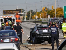 A car involved in a serious accident on the QEW on Friday Oct. 2, 2011. is shown in this photo (Andrew Collins).