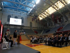 New Philadelphia 76ers owner Joshua Harris, sits at left, as 76ers Chief Executive Officer Adam Aron, take reporters questions from the podium during a news conference at the Palestra Tuesday, Oct. 18, 2011, in Philadelphia. (AP Photo/Matt Rourke)