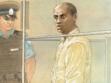 Mark Garfield Moore, 27, of Toronto, makes a court appearance as seen in this artist's rendition, Wednesday, Oct. 19, 2011.