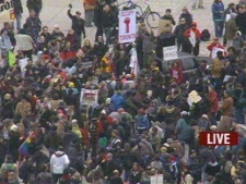 Protesters are seen at Nathan Phillips Square Saturday. (CP24)
