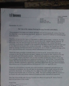 The city handed out this eviction notice to Occupy Toronto protesters on Tuesday, November 14, 2011. Click on photo to read the letter.