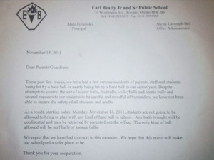 An east-end Toronto public school has banned "hard balls" on school property for safety reasons, Nov. 15, 2011. (CTV)