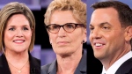 In this composite image, Ontario NDP Leader Andrea Horwath (left), Ontario Liberal Leader Kathleen Wynne (centre) and Ontario Progressive Conservative Leader Tim Hudak are pictured during the leaders debate in Toronto on Tuesday, June 3, 2014. (Frank Gunn /The Canadian Press)