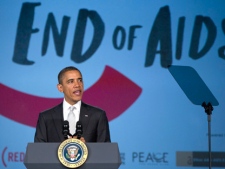 President Barack Obama makes remarks on World AIDS Day, Thursday, Dec. 1, 2011, at George Washington University in Washington. (AP Photo/Evan Vucci)