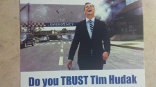 Flyer depicts Hudak laughing as hospital explodes