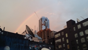 A double rainbow appeared over Toronto during the closing ceremony for WorldPride Sunday night. (CODI WILSON/ CP24.com)