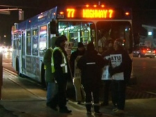 Striking York Region Transit and Viva bus drivers blocked Veolia buses from exiting a depot in Vaughan on Friday, Dec. 16, 2011.