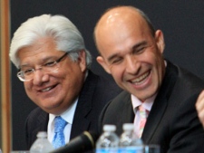 Co-chief executive Mike Lazaridis, left, and co-chief executive Jim Balsillie at the Research in Motion annual meeting in Waterloo, Ontario, Tuessday, July 12, 2011. (Dave Chidley / THE CANADIAN PRESS)