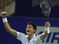 Canada's Milos Raonic celebrates his win in the final match against Serbia's Janko Tipsarevic at the ATP Chennai Open 2012 tennis tournament in Chennai, India, Sunday, Jan. 8, 2012. Raonic won 6-7. 7-6, 7-6. (AP Photo) 