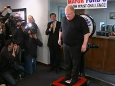 Mayor Rob Ford kicked off his Cut the Waist weight-loss campaign by stepping on a scale Monday, Jan. 16, 2012. Ford weighed in at 330 pounds and is hoping to shed 50 pounds by June 18, 2012.