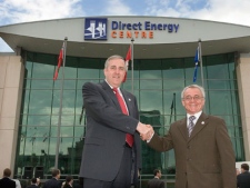 Former Deputy Mayor Joe Pantalone (right) and Deryk King, Chairman and CEO, Direct Energy, officially unveil the new Direct Energy Centre � An Exhibition & Convention Centre, in Toronto, Tuesday, June 6, 2006. (CCNMATTHEWS PHOTO/Direct Energy)