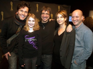 Martin Leon, left, Sophie Nelisse, Philippe Falardeau, Kim McCraw and Luc Dery, right, from the film "Monsieur Lazhar," pose for photos after receiving their nominations for the Genie awards," on Tuesday, Jan. 17, 2012 in Montreal. The film received an Oscar nomination Tuesday for best foreign film. (THE CANADIAN PRESS/Ryan Remiorz)