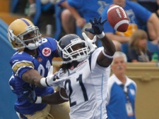 Toronto Argonauts' Lin-J Shell breaks up a pass to Winnipeg Blue Bombers' Cory Watson during the first half CFL action in Winnipeg on Friday, July 8, 2011. (THE CANADIAN PRESS/Trevor Hagan)