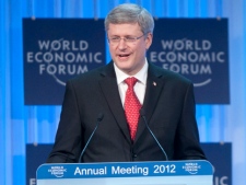 Canadian Prime Minister Stephen Harper delivers his address to business leaders at the World Economic Forum in Davos on Thursday, Jan. 26, 2012. (THE CANADIAN PRESS/Adrian Wyld)