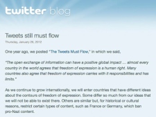 This screen shot shows a portion of a Twitter blog post Thursday, Jan. 26, 2012, in which the company announced it has refined its technology so it can censor messages on a country-by-country basis. (AP Photo/Twitter)