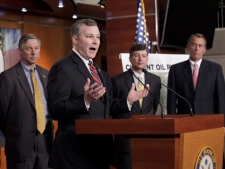 Rep. Tim Griffin, R-Ark., second from left, accompanied by fellow Republican leaders, gestures during a news conference on Capitol Hill in Washington, Wednesday, Jan. 18, 2012, to object to President Barack Obama's decision to reject the Keystone XL pipeline. From left are: Energy and Commerce Committee Chairman Rep. Fred Upton, R-Mich.; Griffin; Rep. Jeb Hensarling, R-Texas, and House Speaker John Boehner of Ohio. (AP Photo/J. Scott Applewhite)