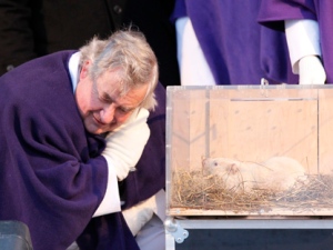 Wiarton, Ont., Mayor John Close lends an ear to Wiarton Willie on Thursday, Feb. 2, 2012. The groundhog didn't see his shadow, predicting an early spring. (THE CANADIAN PRESS/Frank Gunn)