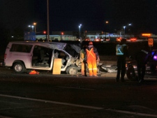 OPP closed the QEW's Toronto-bound lanes at Winston Churchill Boulevard in Mississauga after a collision early Wednesday, Feb. 8, 2012. (CP24/Tom Stefanac)